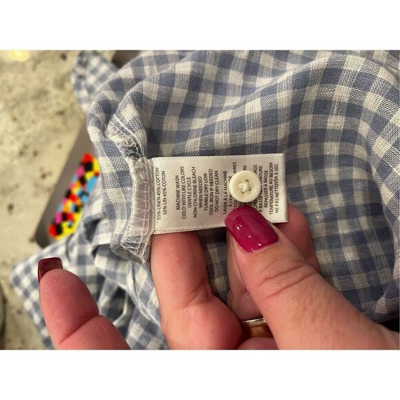 BeachLunchLounge Blue Gingham Linen Blend Button Down Tie Front Shirt sz M EUC - Picture 7 of 7
